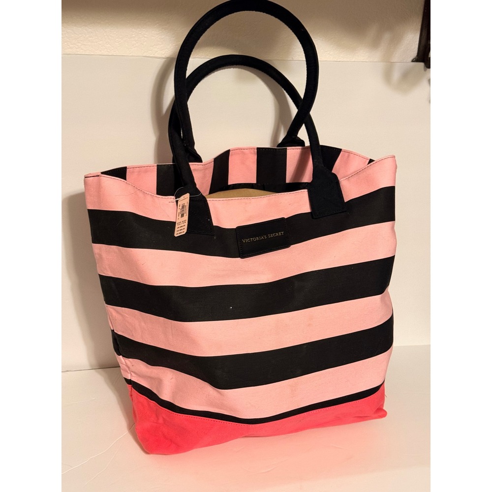 Victoria's Secret Pink Black Striped Canvas Tote Bag Y2K Collectible